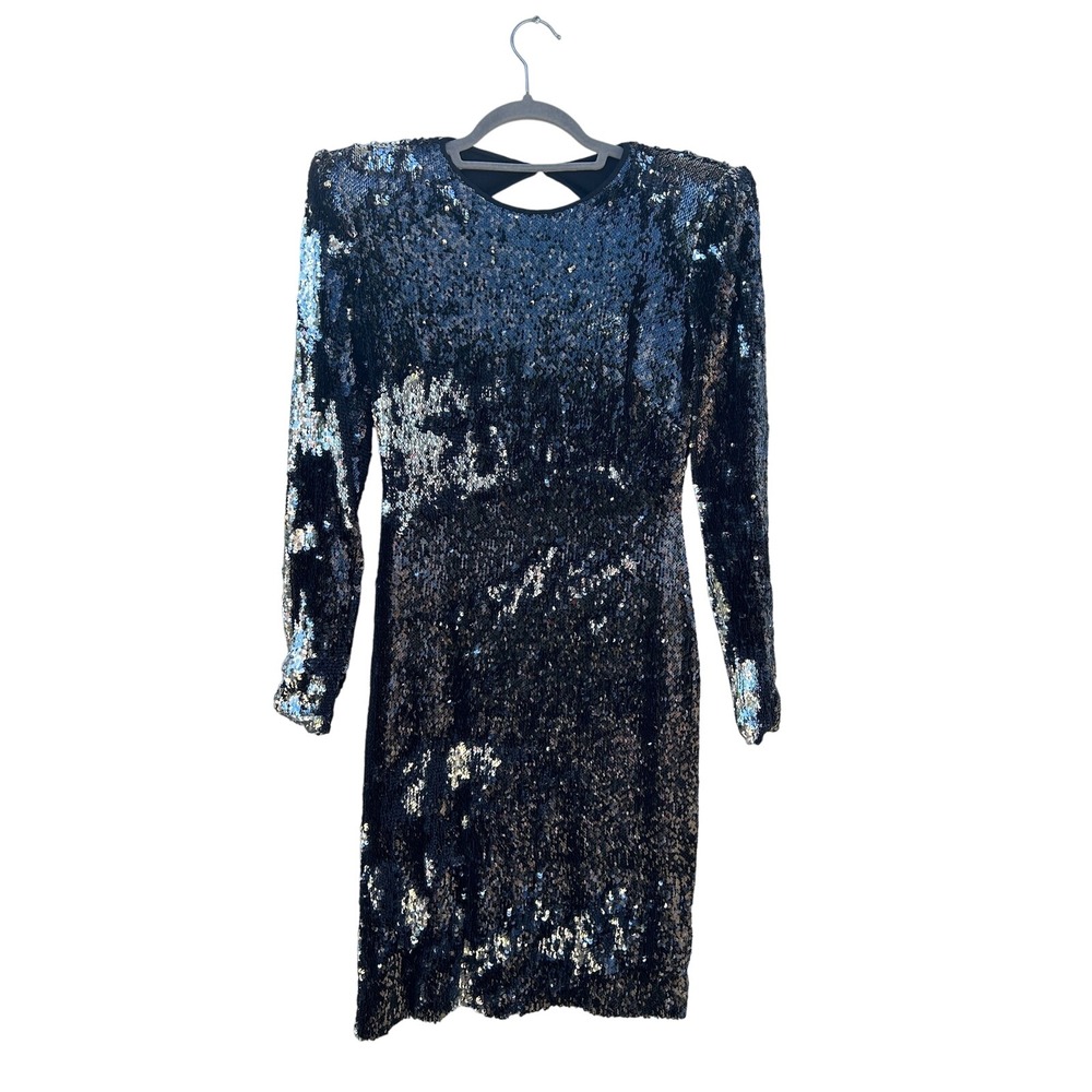 Naeem Khan Black Silver Flippy Sequin Open Back Long Sleeve Mini Dress - Picture 6 of 6